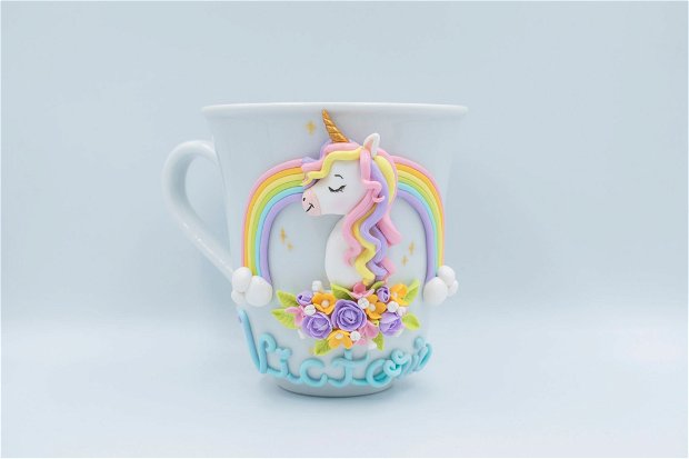 Cană Unicorn cu flori | Personalizată handmade | Lut polimeric