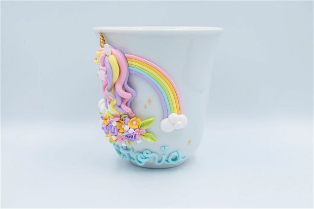 Cană Unicorn cu flori | Personalizată handmade | Lut polimeric