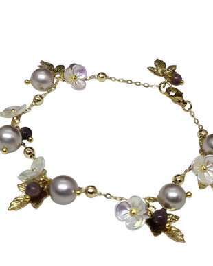Bratara charm perle seashell,jad si floricele /inox auriu