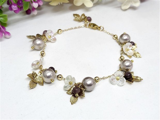 Bratara charm perle seashell,jad si floricele /inox auriu