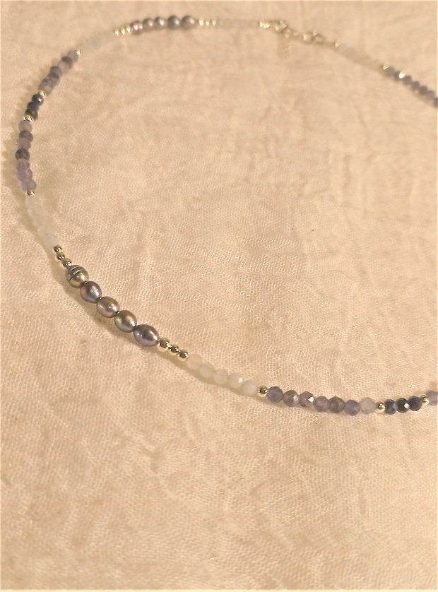 Colier choker argint safir iolit angelit perle de cultura