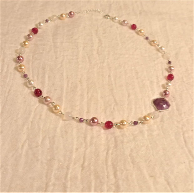 Colier choker asimetric radacina de rubin, perle din sidef/mother of pearl, agate