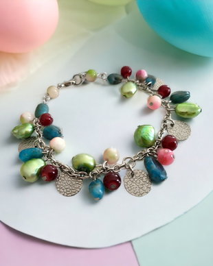 Bratara charm inox cu perle de cultura,apatit si jad