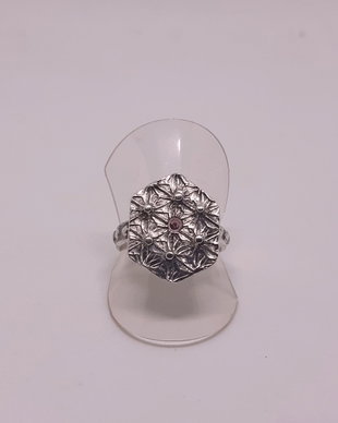Inel unicat din argint fin, cu platou hexagonal, texturat cu model japonez Asanoha si ametist si bratara decorata cu bilute