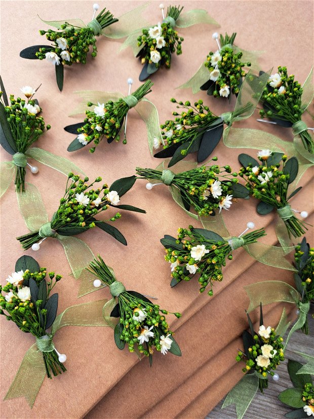 Cocarde mici invitați nuntă-flori naturale uscate și criogenate,  Alb Verde