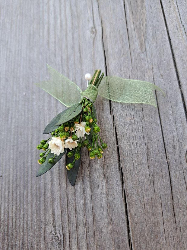 Cocarde mici invitați nuntă-flori naturale uscate și criogenate,  Alb Verde