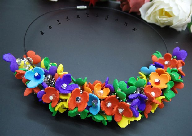 Colier handmade statement unicat -floral - foamiran multicolor (cod799)
