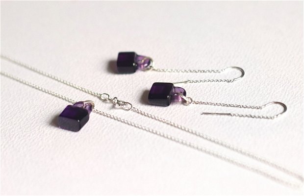 Purple lock - Set lantisor si cercei argint 925 cu lacatele de sticla mov