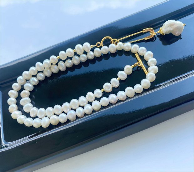 Colier argint 925 cu perle de cultura și pandativ: ac decorativ&perla Baroc