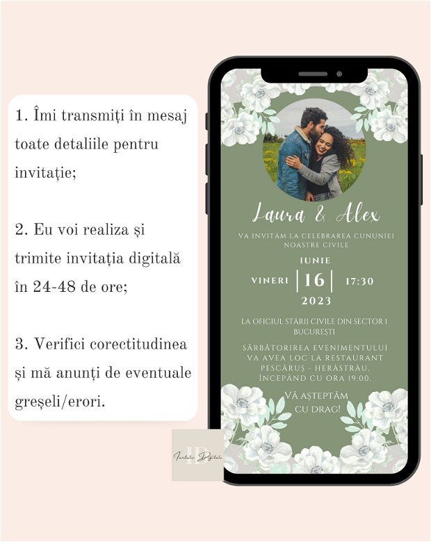 Invitație digitală de nuntă cu poză anemone albe