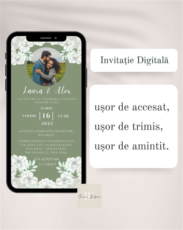 Invitație digitală de nuntă cu poză anemone albe