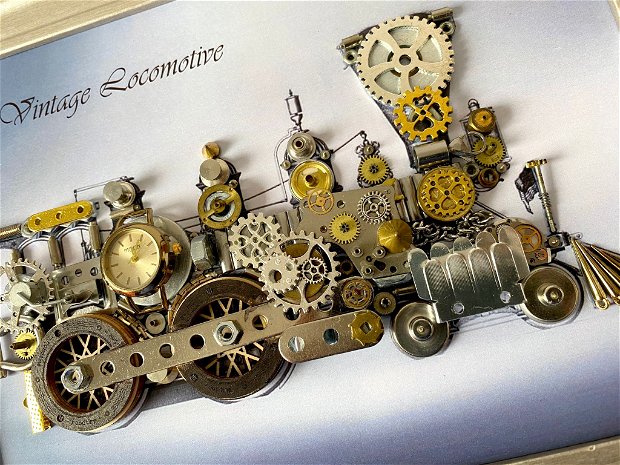 Locomotiva de epoca Cod M 605・Tablou decorativ din piese de ceas・Arta・Tablou steampunk