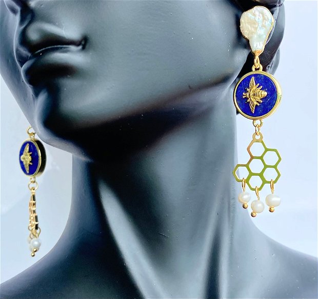 Cercei cu perle de cultura si lapis lazuli