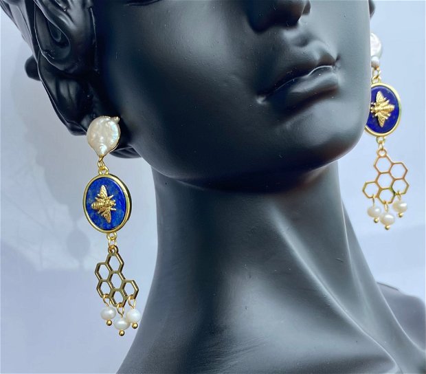 Cercei cu perle de cultura si lapis lazuli