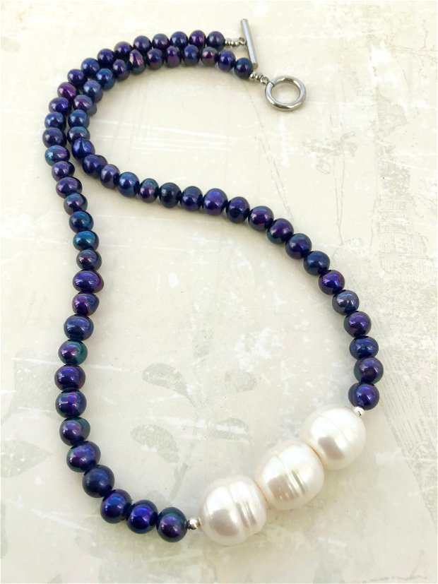 Colier CHOKER perle de cultura albastre & perla Baroc