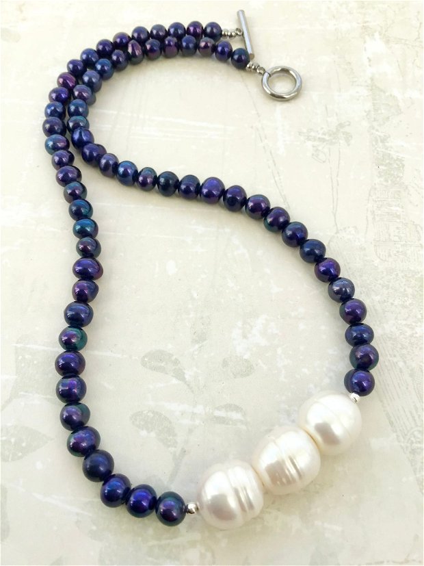 Colier CHOKER perle de cultura albastre & perla Baroc