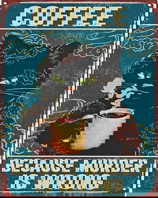 Decoratiune metalica cu o reclama la cafea cu o pisica