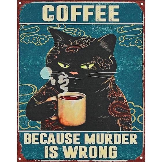 Decoratiune metalica cu o reclama la cafea cu o pisica