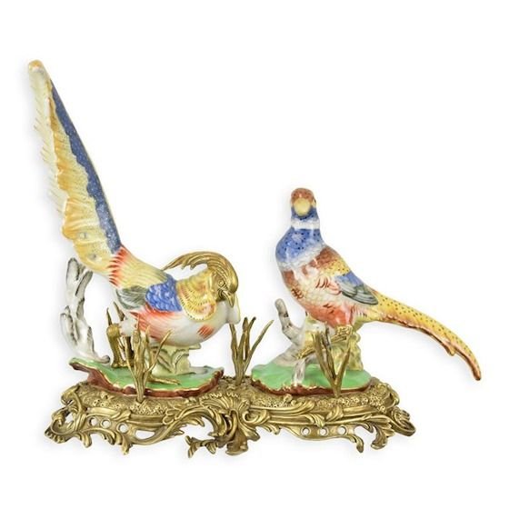 Doi fazani din portelan cu bronz