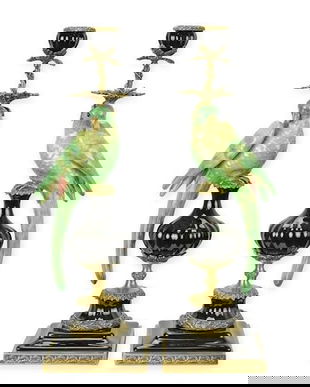 Pereche sfesnice papagal din portelan cu bronz