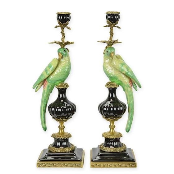 Pereche sfesnice papagal din portelan cu bronz