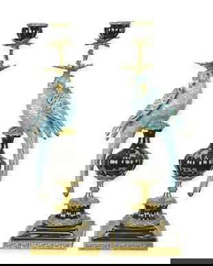 Pereche sfesnice papagal din portelan cu bronz