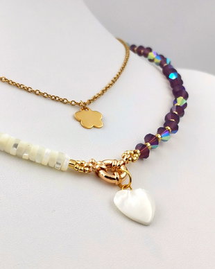 Rezervat Set Colier și Cercei- Gold Sidef Purple Flame