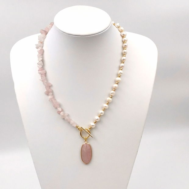 Rezervat Set Colier și Cercei - Pearls & Quartz Pink Powder