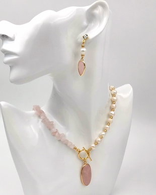 Rezervat Set Colier și Cercei - Pearls & Quartz Pink Powder