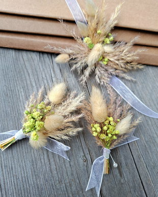 Cocarde nuntă/Brățări domnișoare onoare-flori naturale uscate, Verde deschis Bej