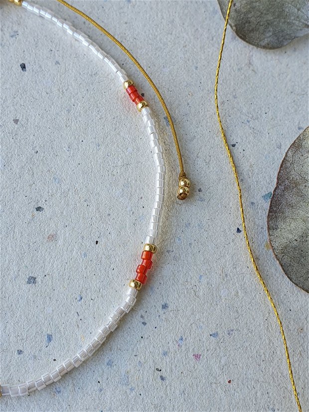 Bratara de gleza alb si coral, Bijuterie minimalista cu margele Miyuki