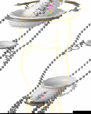 Lavoar din portelan cu flori colorate cu suport din fier forjat