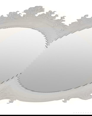 Oglinda ovala cu o rama alba din lemn antichizat