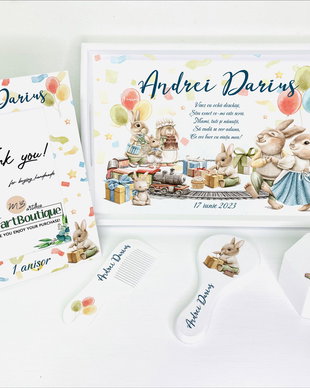 Set aniversar personalizat 1 anisor - Animalute petrecarete - Iepurasi - Tavita mot si accesorii