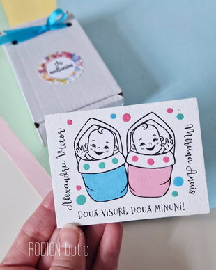 Marturii botez gemeni personalizate pictate cu magnet