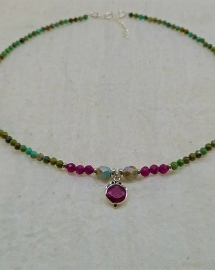 Colier/choker argint rubin turcoaz natural margele fire-polish bohemian, romantic boho chic- Transport gratuit