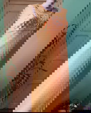 Rochie galben solar cu margele cusure manual