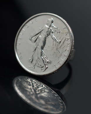 Inel din argint, din moneda de 5 franci, din colectia Reversul monedei