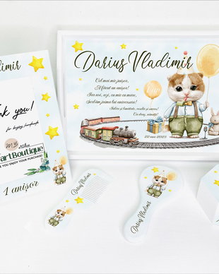 Set aniversar personalizat 1 anisor - Animalute petrecarete - Motanel - Tavita mot si accesorii