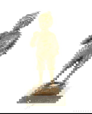 Baietel cu tigara-statueta din bronz pe un soclu din marmura