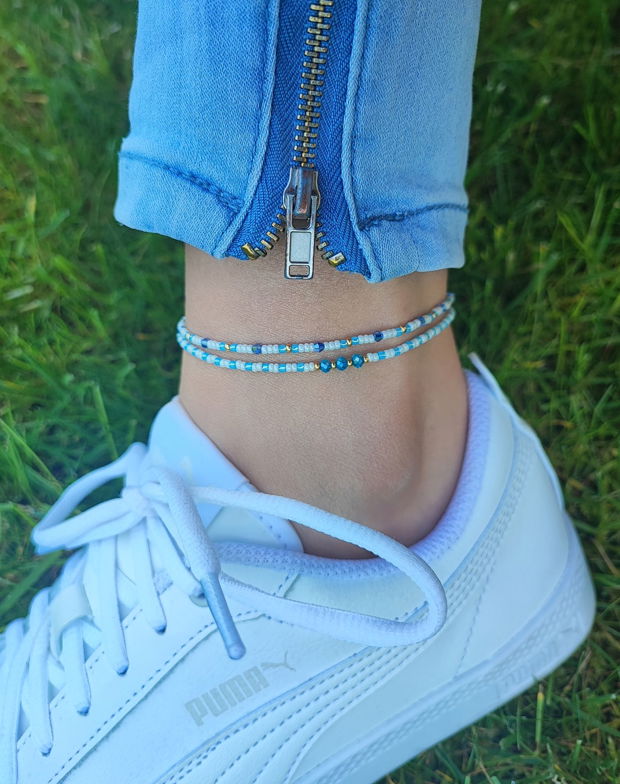 Bratara de glezna * Anklet alb cu albastru * Bijuterie de vara