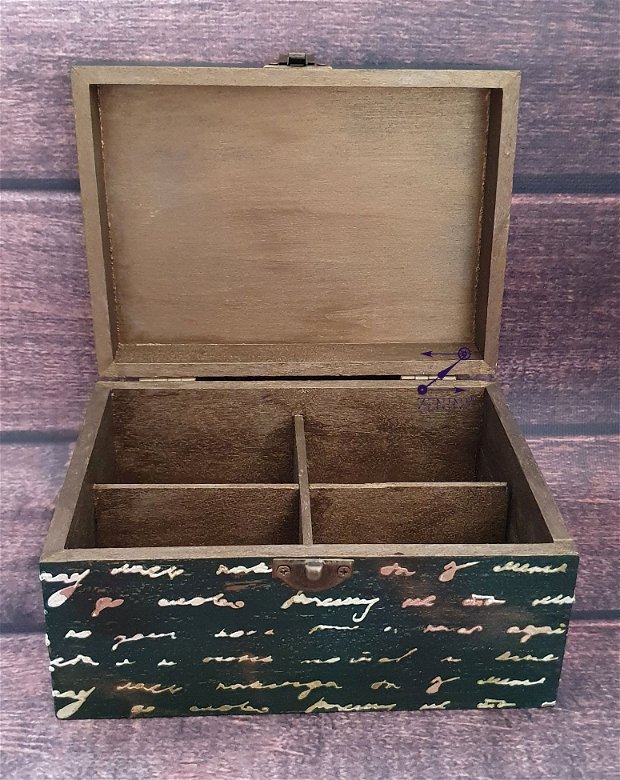 Cutie pentru depozitare cu scris vintage, cutie vintage, cutie compartimentata vintage, cutie scris