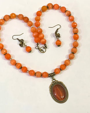 SET~VINTAGE ORANGE~ochi de pisica,cristale sticla fatetata,accesorii metalice bronz