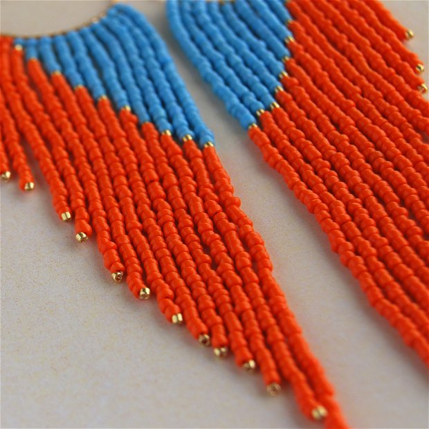 Cercei lungi margele albastre si portocalii 15.5 cm