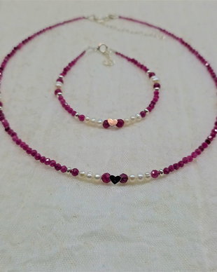 Set argint rubin perle de cultura inimi minimalist boho chic romantic  colier bratara - Transport gratuit