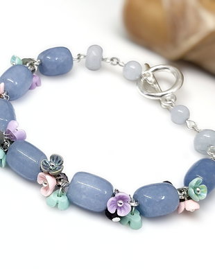 Bratara blue jad cu floricele /placat argint