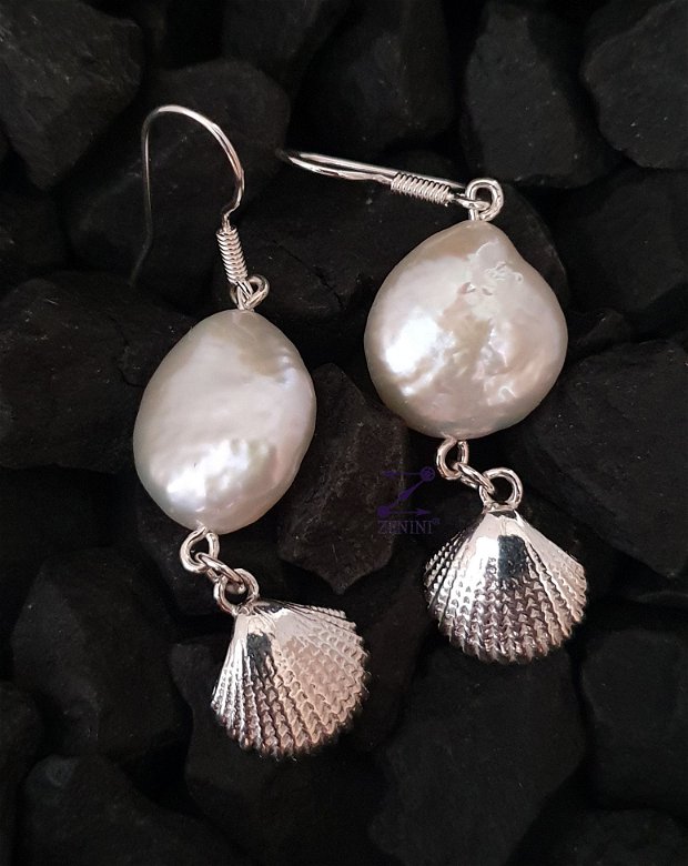 Cercei perle si scoci din argint, cercei argint cu perle baroc, cercei argint cu perle si scoici, cercei cu perle de cultura