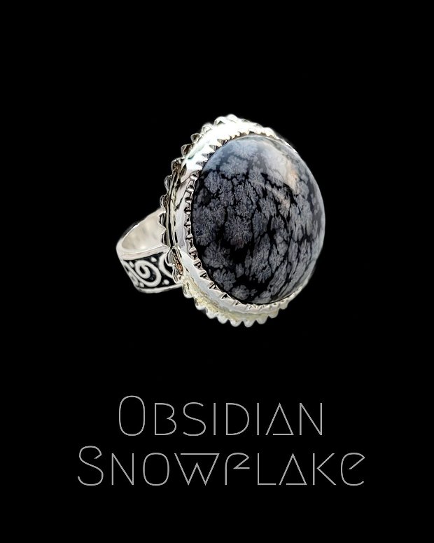 Inel argintat 92.5 Obsidian Snowflake