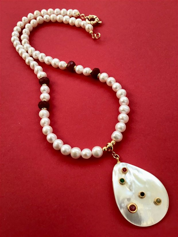 Colier perle de cultura, Rubin & sidef natural