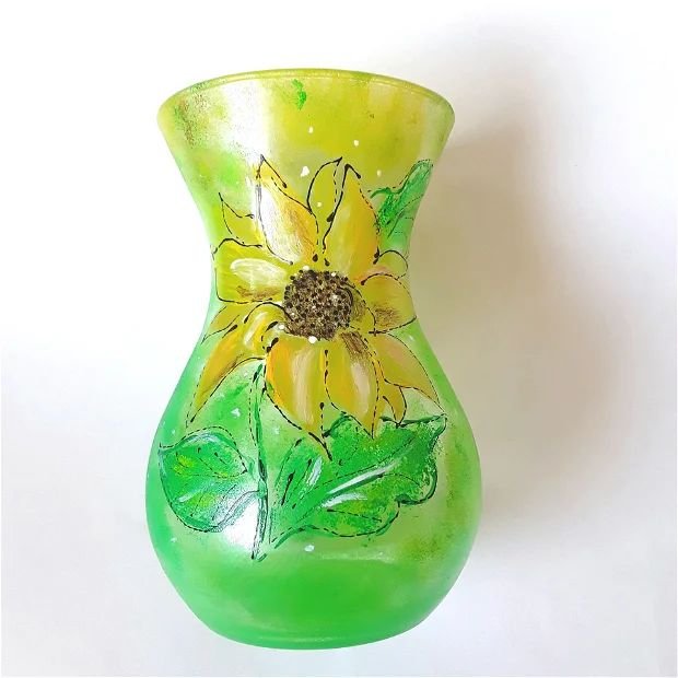Vaza din sticla pictata cu floarea soarelui